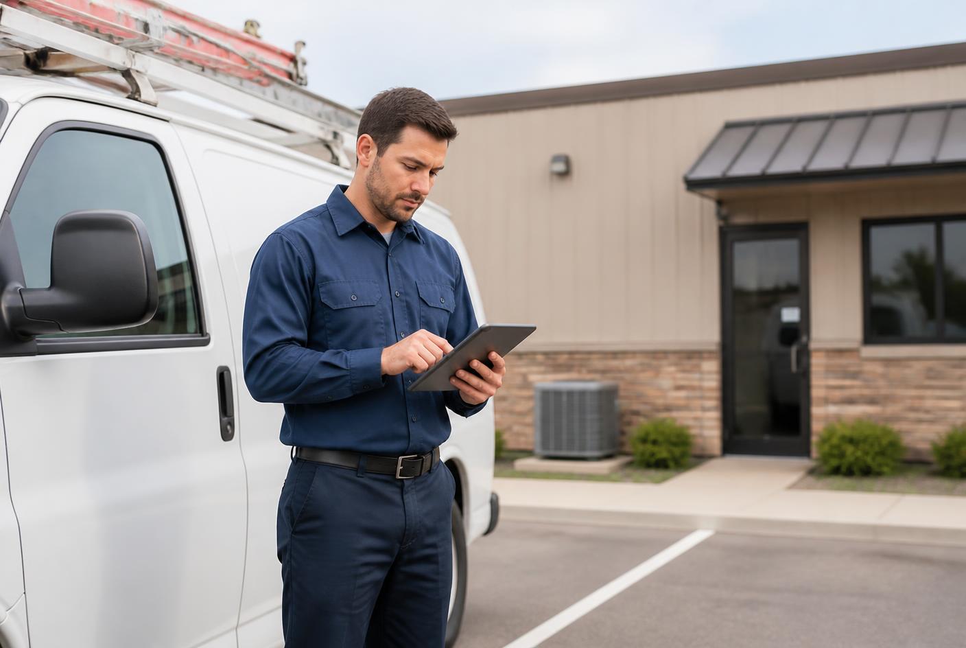 Service technician using a tablet beside a work van outside a small commercial building