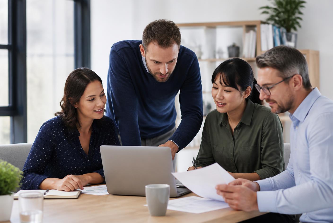 Business owner and team reviewing their operations and process notes together in an office