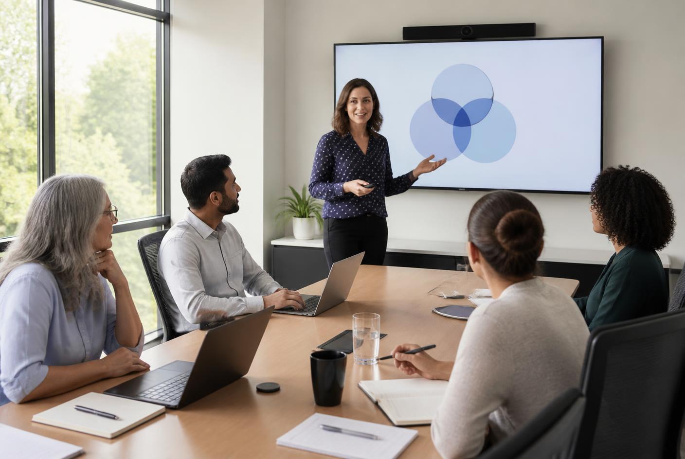 Small business team attending a practical AI training workshop in a conference room